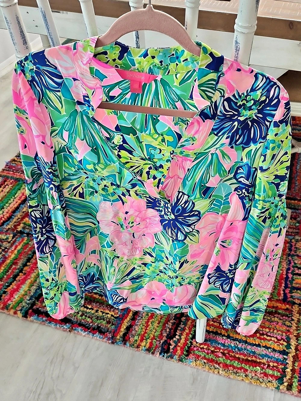 Lilly Pulitzer Floral Long Sleeve Silk Tunic in Green & Pink XS